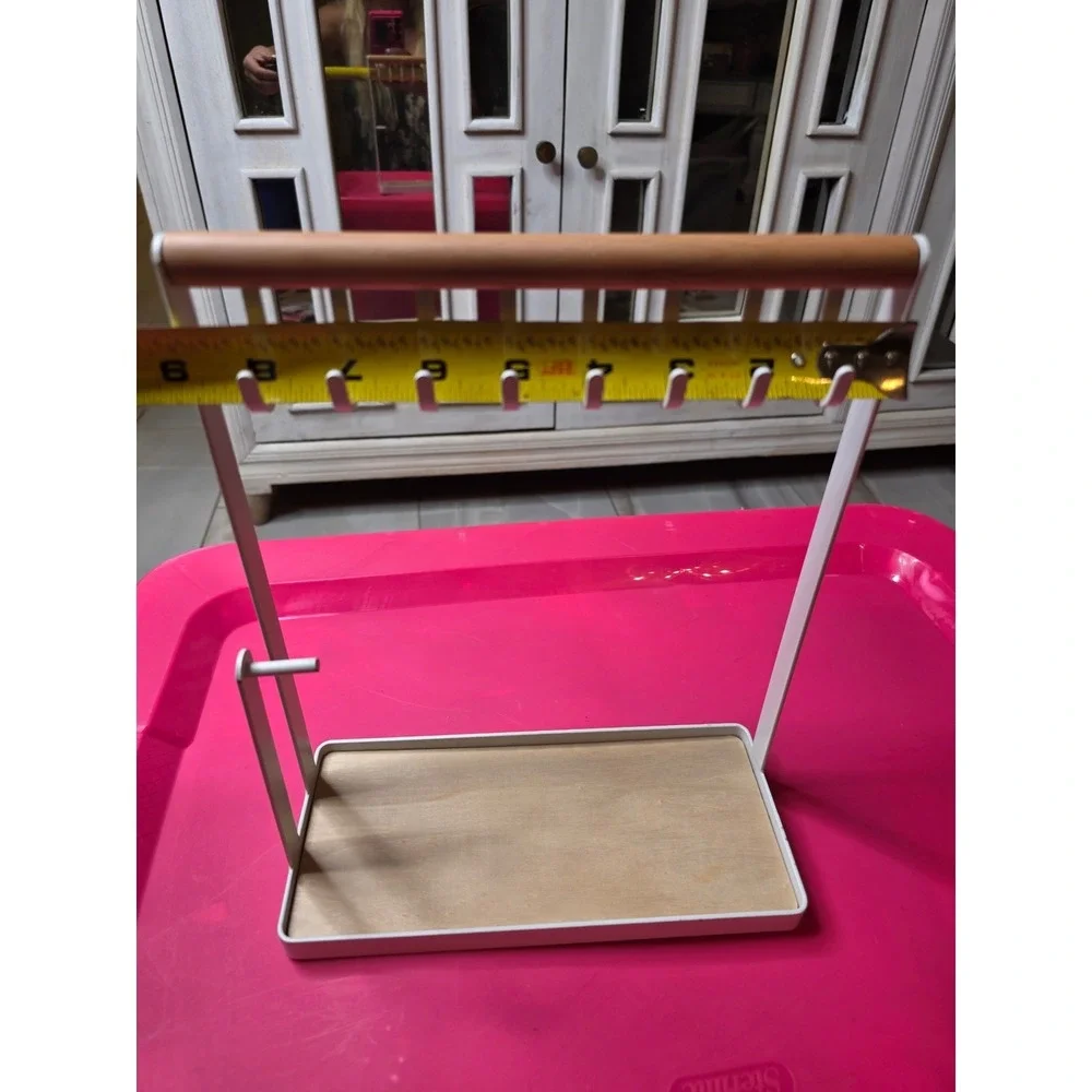 Modern White Metal and Wood Jewelry Stand Organizer‎ with 8 Hooks and Tray
